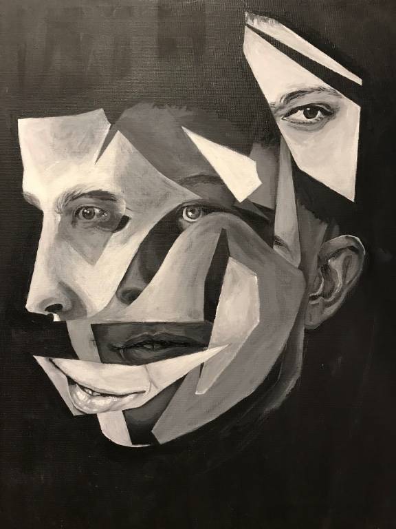 A black and white painting of face parts that assemble like a mask
